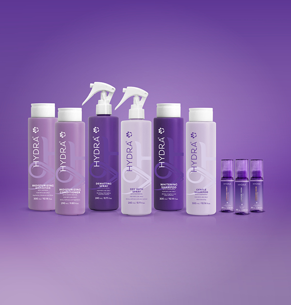 Linha de produtos Hydra Pet Society — branding e presença digital desenvolvidos pela Agência A+.